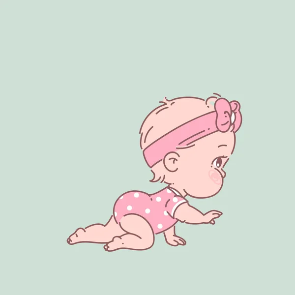 Söt liten baby flicka i blöja, rosa Body, krypande. — Stock vektor