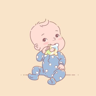 Mavi pijamalı küçük bebek otur ve diş çıkarma yüzüğünü tut. 