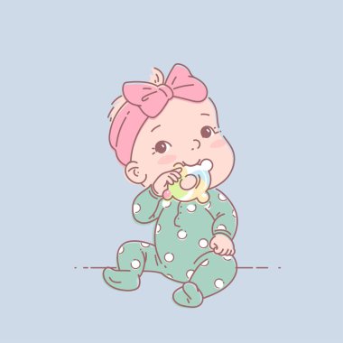 Little baby girl in green pajamas sit, hold teething ring  clipart