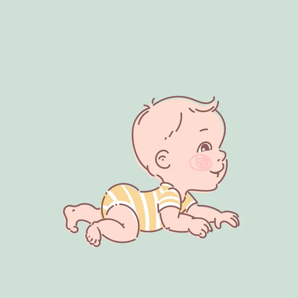 Cute little baby boy in diaper, yellow bodysuit, crawling. — Stock Vector