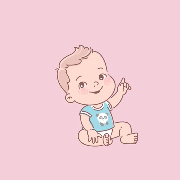 おむつのかわいい赤ちゃんの男の子、青のTシャツ、座って開始. — ストックベクタ