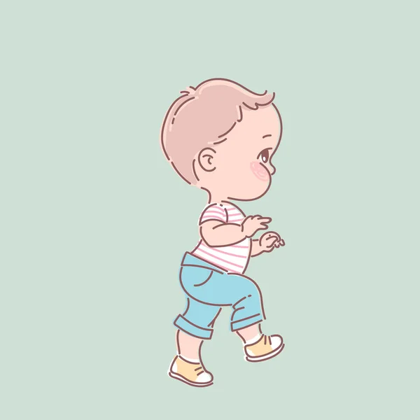 Cute little baby boy in diaper, t-shirt, shorts. — Stock Vector