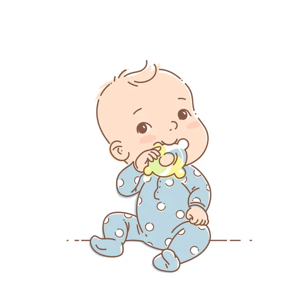 Mavi pijamalı küçük bebek otur ve diş çıkarma yüzüğünü tut. — Stok Vektör