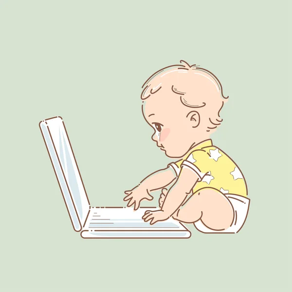 Милий хлопчик або дівчинка в підгузниках працює на ноутбуці — стоковий вектор