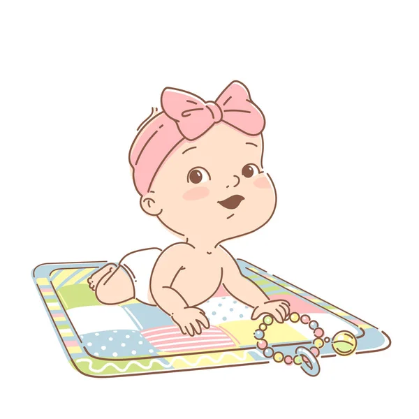 Cute little baby girl of 3-12 months, in diaper play on development mat with toys. — Stock Vector