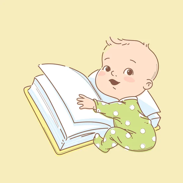 작고 똑똑 한 아기가 활짝 열린 책을 읽는 모습. — 스톡 벡터