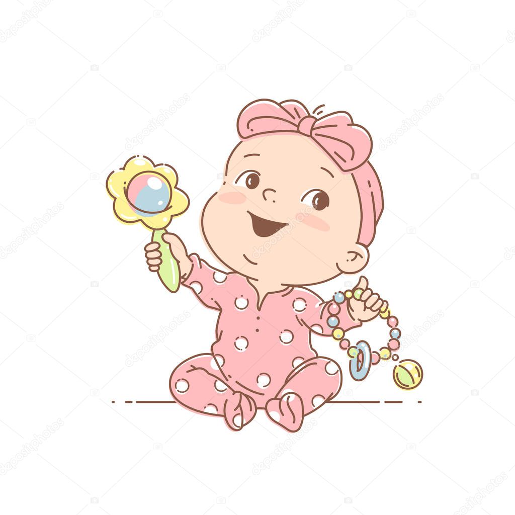Little baby girl in pink pajamas, with bow play sitting. 