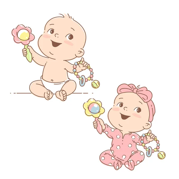 Set con pequeños bebés en pañales y pijamas jugando . — Vector de stock