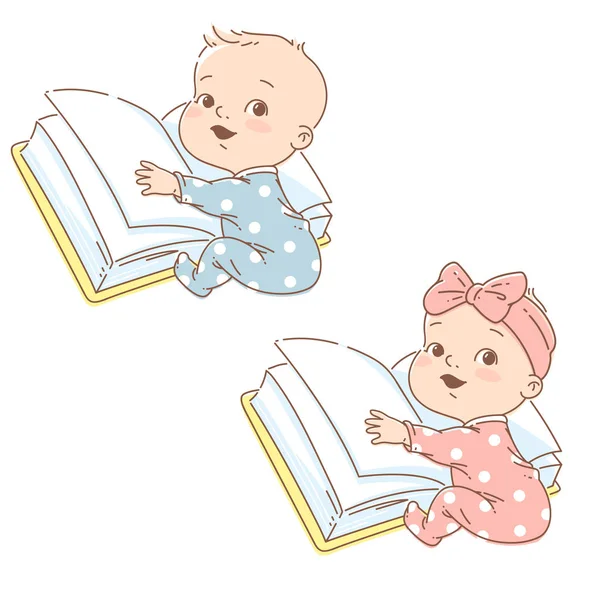 Kleine slimme baby lezen groot open boek. — Stockvector