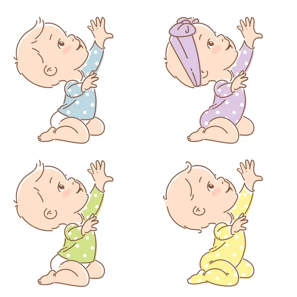 Set von kleinen Babys in Windeln sitzen, die Hand hochziehen. — Stockvektor