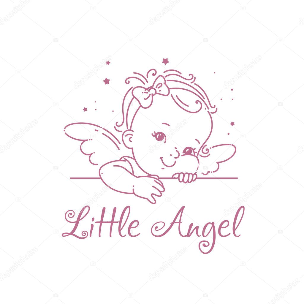 Little princess portrait. Cute baby girl with wings and hair bow. Smiling girl with curly hair. Emblem for company with sample text. Vector illustration.