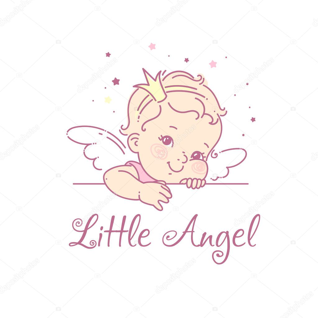 Little princess portrait. Cute baby girl with wings and hair bow. Smiling girl with curly hair. Emblem for company with sample text. Vector illustration.