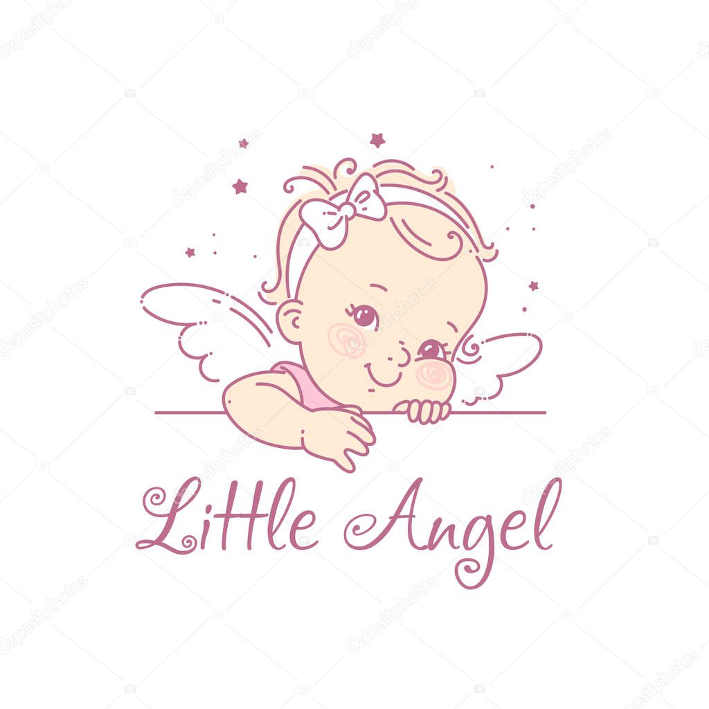 Little princess portrait. Cute baby girl with wings and hair bow. Smiling girl with curly hair. Emblem for company with sample text. Vector illustration.