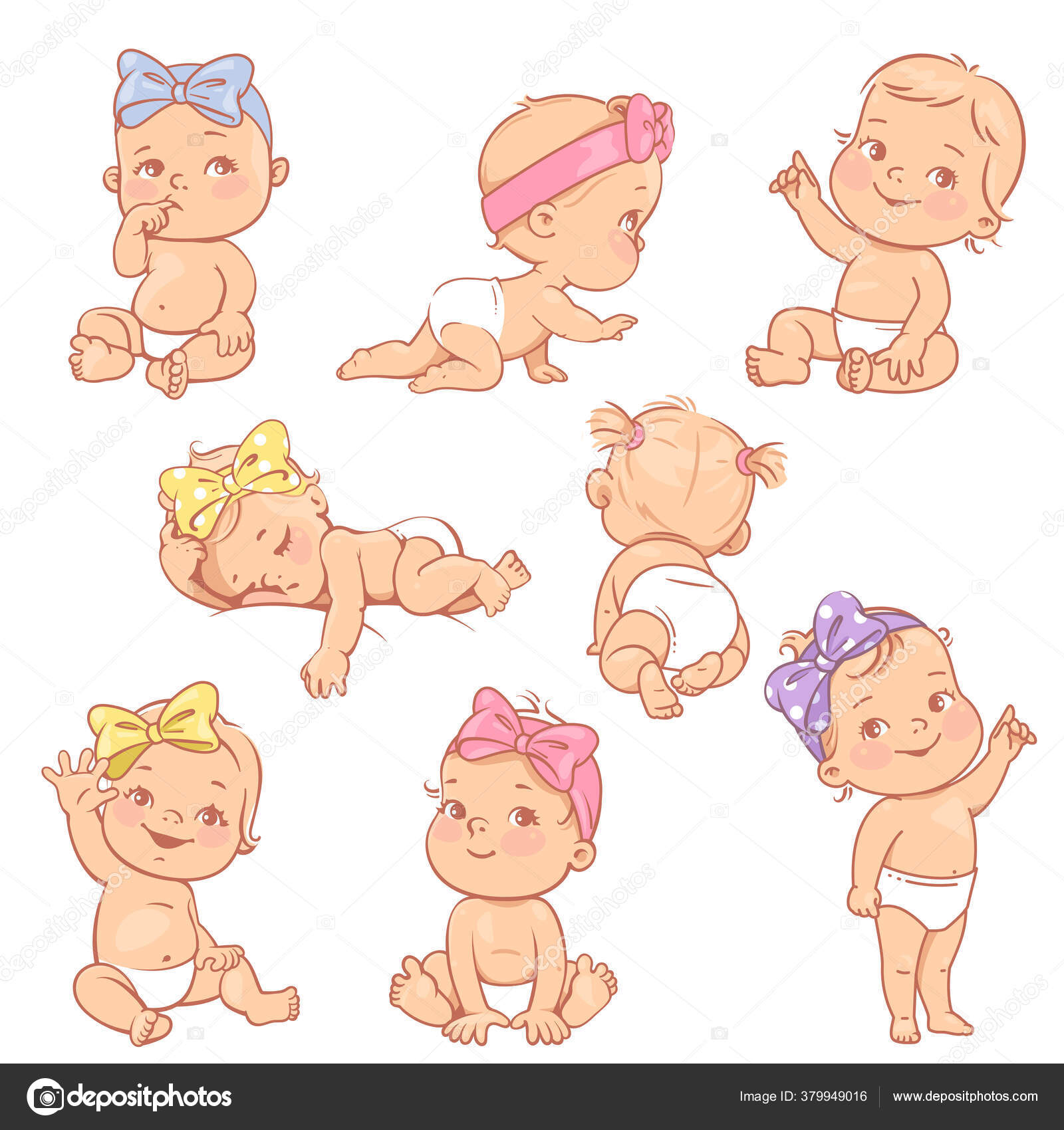 Satt med en søt liten jente i bleie, med hårsløyfe. stockvektor © Natoushe  #379949016, image size:1600x1700