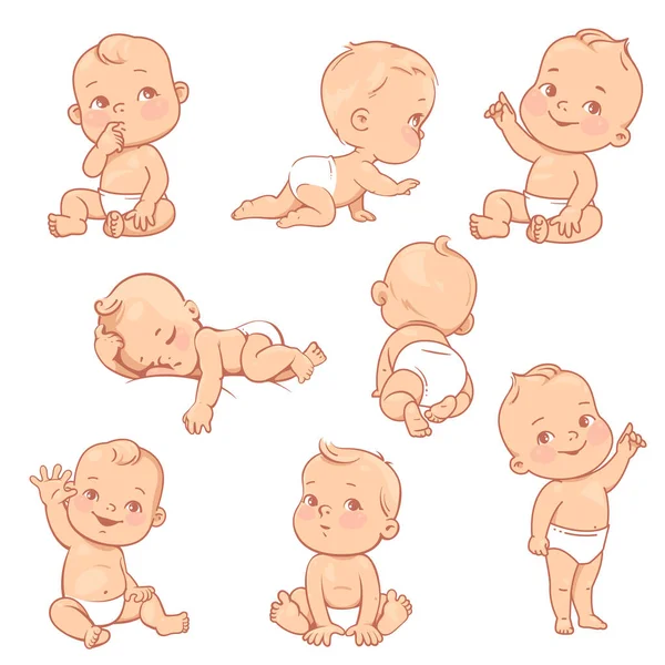 Set con lindo bebé niño en pañal — Vector de stock