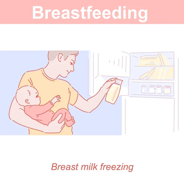 Alimentação com leite materno. Pai e bebê recebendo leite congelado da geladeira . — Vetor de Stock
