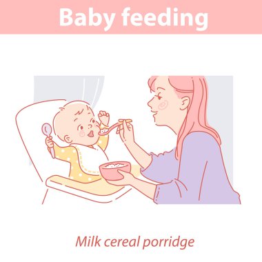 Mother feeding little baby with milk porridge. clipart