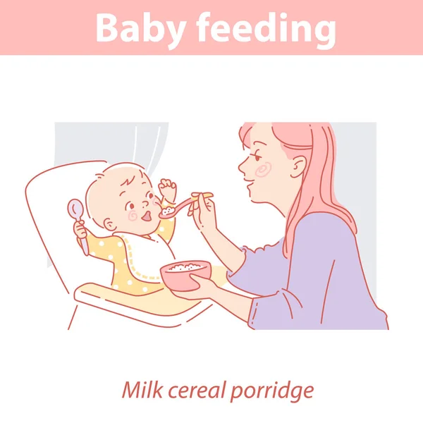 Madre alimentando al pequeño bebé con gachas de leche . — Vector de stock