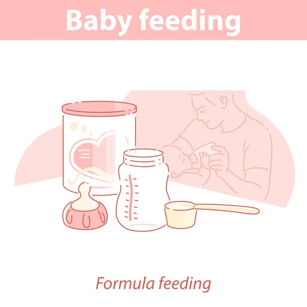 Alimentação infantil. Fórmula nutricional para recém-nascido. Pai e filho —  Vetores de Stock