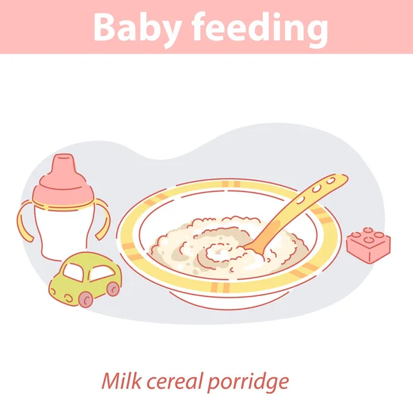 Alimentación del bebé. Gachas de cereales de leche para bebé . — Vector de stock