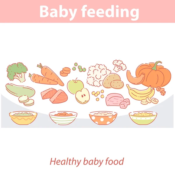 Alimentazione del bambino. Set di diversi prodotti freschi. — Vettoriale Stock