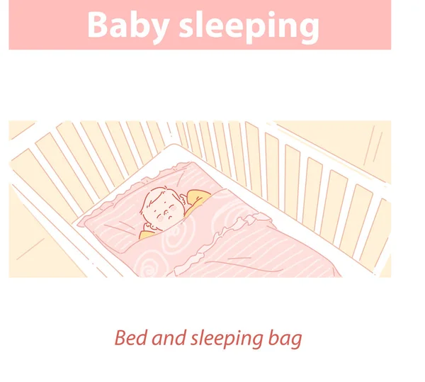 Bebé durmiendo en la cama, en el saco de dormir. Modo de sueño saludable . — Vector de stock