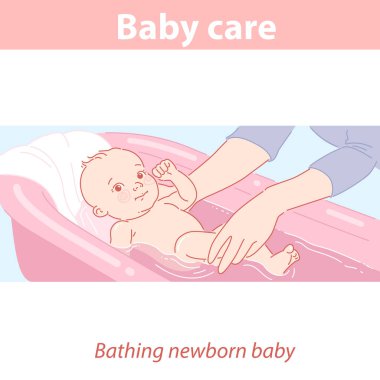 Küçük bebek banyoda yüzüyor. Bebek bakımı ve sağlık.