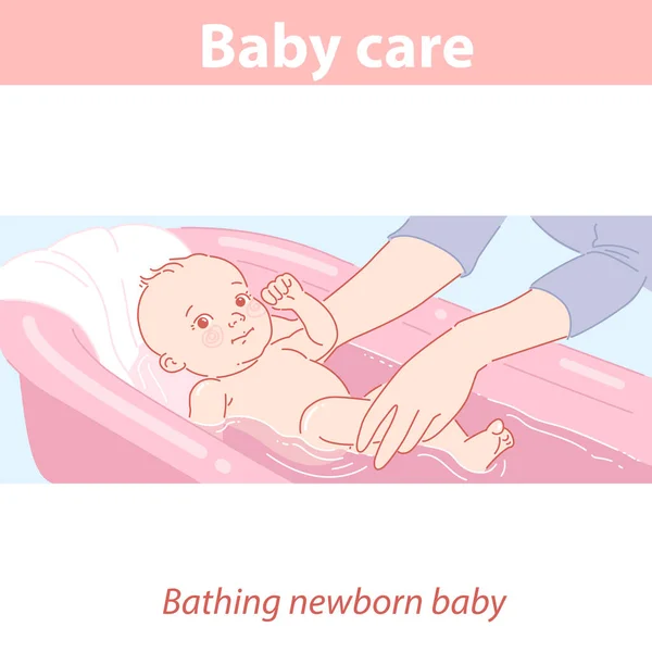 Little baby swim in bath. Baby care and health. — Stock Vector