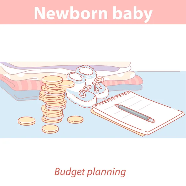 Presupuesto para el nacimiento del bebé. Cuaderno, pluma, monedas, botas de bebé, pila de ropa. — Vector de stock