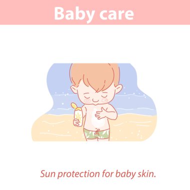 Sevimli bebek karnına güneş kremi sür..