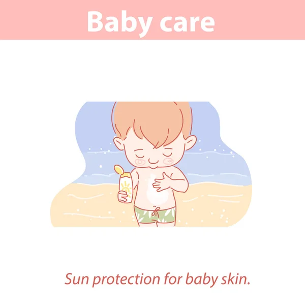 Schattige baby aan te brengen zonnebrandcrème op zijn buik. — Stockvector