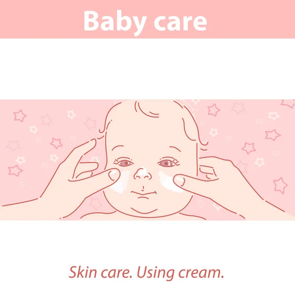 Cara de bebé gira. Mãos aplicar creme o pele do bebê. —  Vetores de Stock