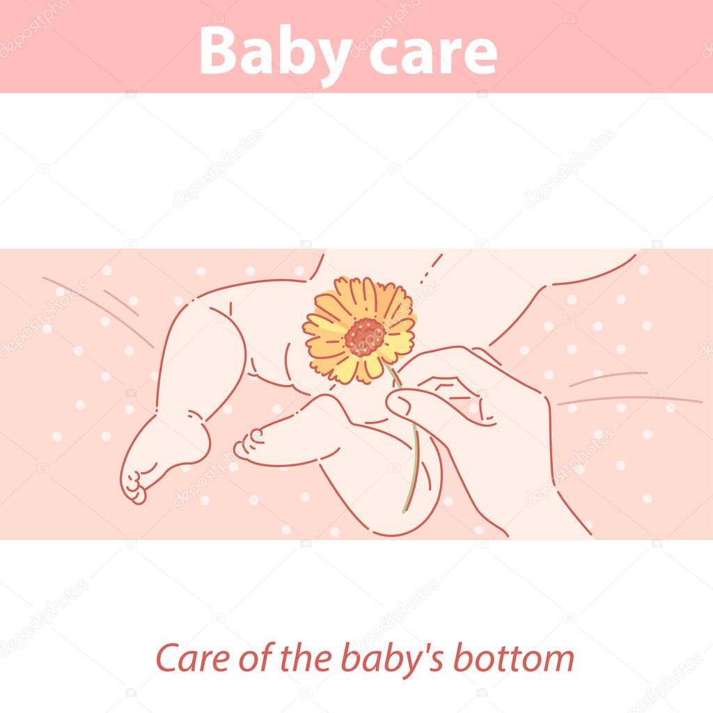 Baby skin care. Baby bottom and hand with flower.