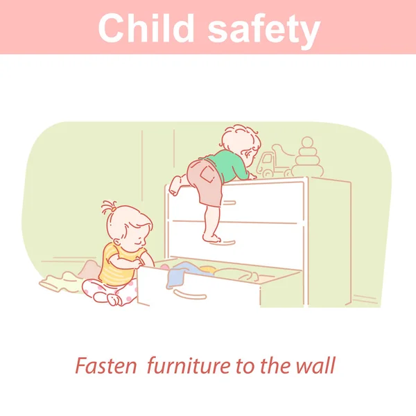 Bezpieczeństwo dziecka. Dwoje dzieci i niebezpieczeństwa w domu. — Wektor stockowy