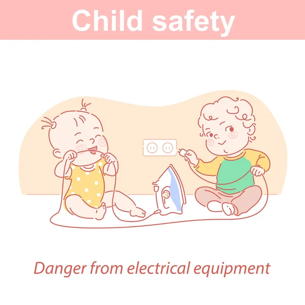 ความปลอดภัยของเด็ก เด็กสองคนและอันตรายที่บ้าน . — ภาพเวกเตอร์สต็อก