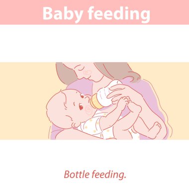 Anne küçük bebeği süt ya da mama şişesiyle besliyor..