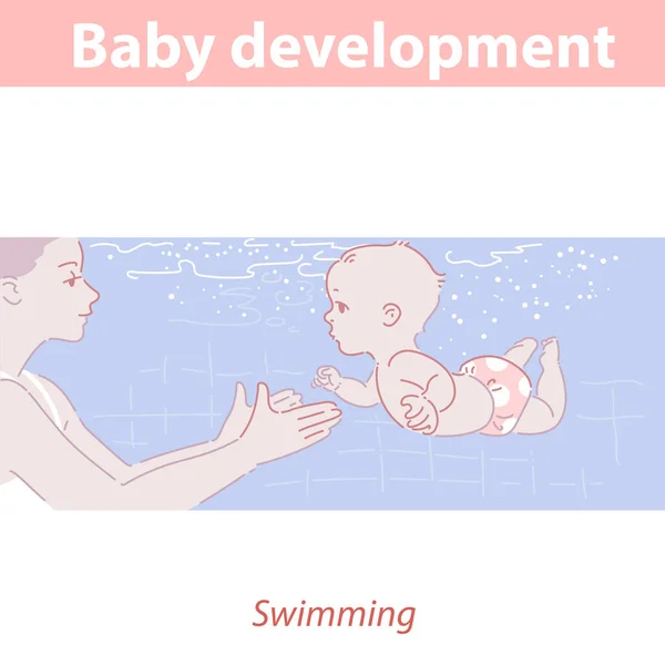 Mignon petit bébé nager dans la piscine avec la mère. — Image vectorielle