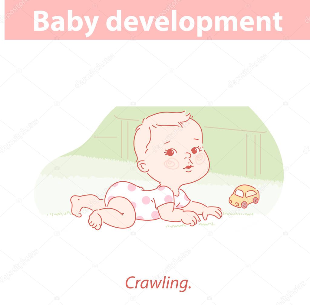 Little baby lying, crawling on carpet. Baby playing on floor.