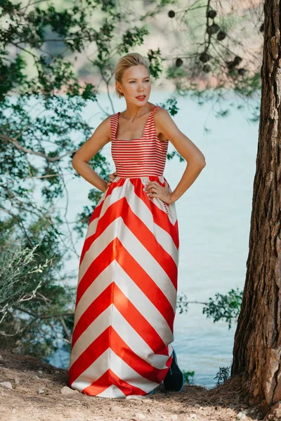 Stylish Blonde Woman Red White Dress Posing Mountain Lake Spain — Stock Photo, Image