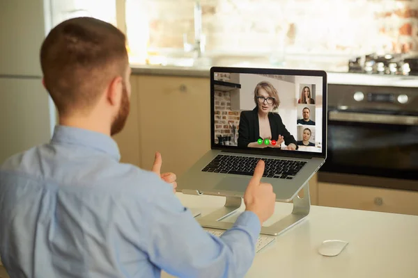 Back View Male Employee Who Works Remotely Listening Reports His — Stock Photo, Image