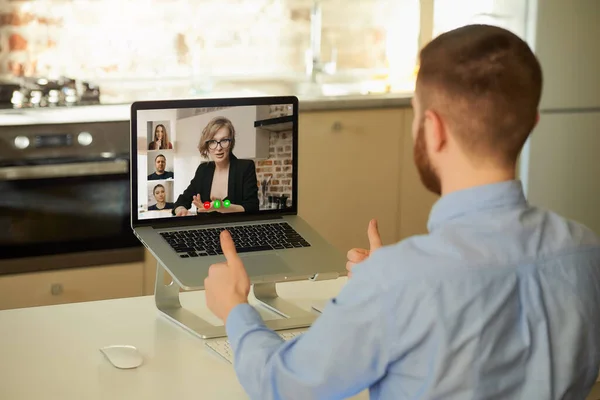 Back View Male Employee Who Works Remotely Listening Reports His — Stock Photo, Image