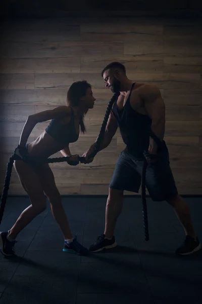 Sporty Girl Muscular Shredded Man Beard Pulling Rope Crossfit Training — Stock Photo, Image