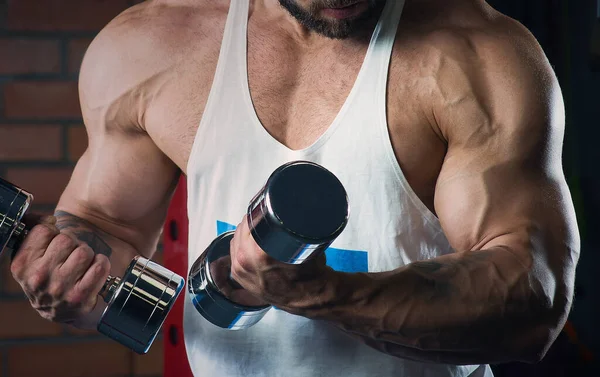 Close Photo Arms Bodybuilder Who Doing Biceps Curls Dumbbells Muscular — Stock Photo, Image