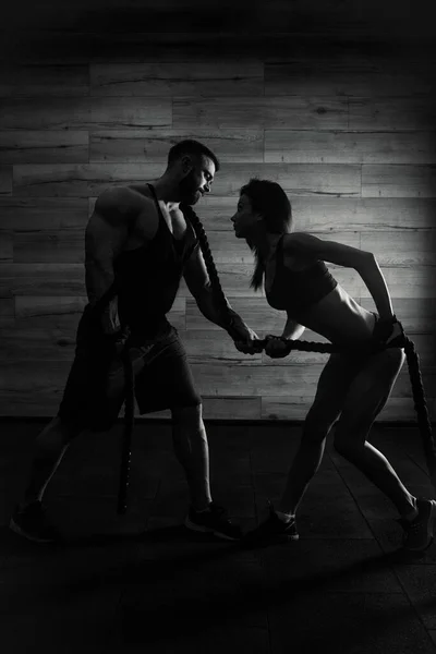 Sporty Girl Muscular Shredded Man Beard Pulling Rope Crossfit Training — Stock Photo, Image