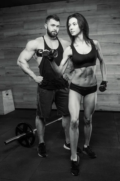 Bodybuilder Beard Coaching Sporty Girl Black Tank Top Shorts Who — Stock Photo, Image