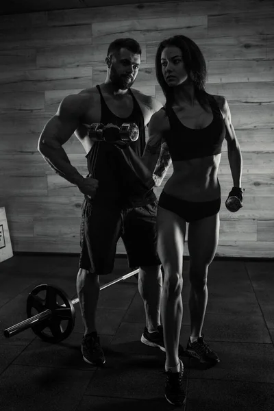 Bodybuilder Coaching Sporty Girl Black Tank Top Shorts Who Doing — Stock Photo, Image