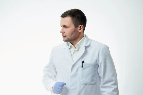 Male Caucasian Doctor White Lab Coat Blue Disposable Medical Gloves — Stock Photo, Image