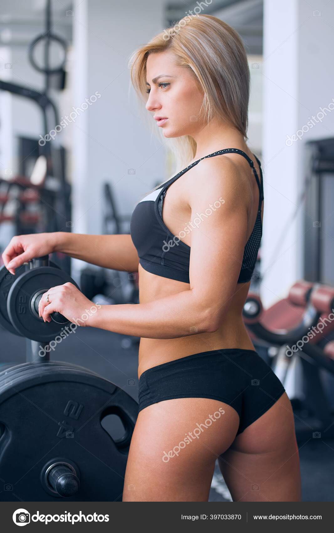 Sexy Sporty Woman Who Wears Black Tight Shorts Tank Top Stock