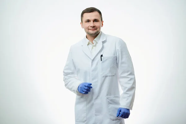 Kind Male Caucasian Doctor White Lab Coat Blue Disposable Medical — Stock Photo, Image