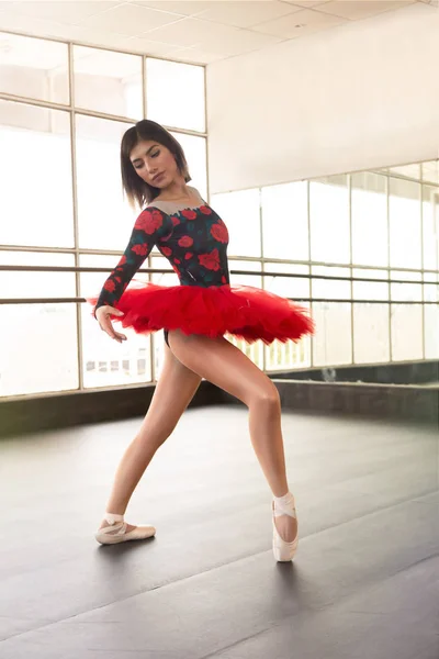 Young Hispanic Ballerina Doing Ballet Position Dance Studio Large Window — Stock Photo, Image